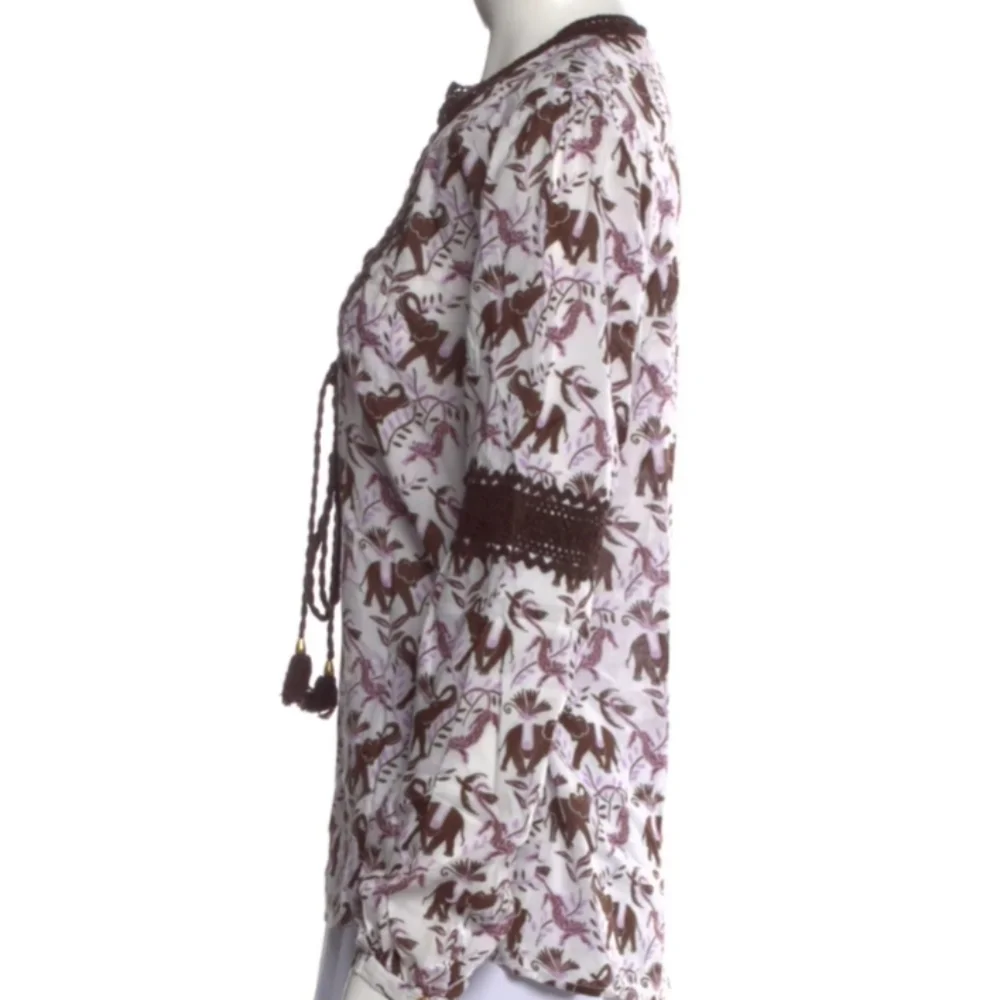 Tory Burch Bailey Crochet Tunic Blouse Elephant Leopard Jungle Lavender Lilac